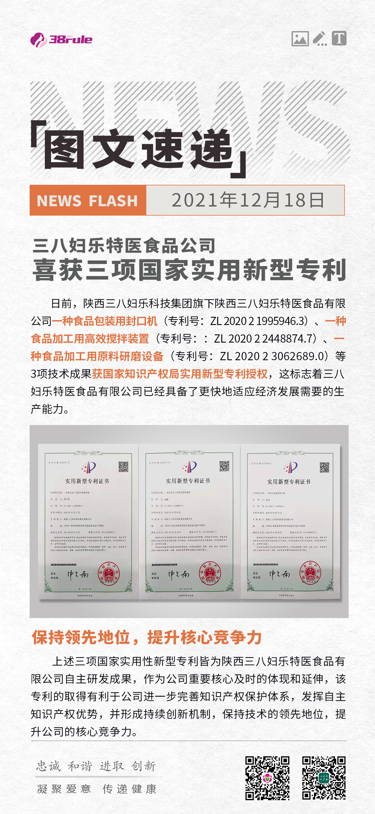 三八婦樂特醫(yī)食品公司喜獲三項(xiàng)國家實(shí)用新型專利